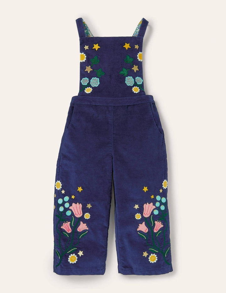 Embroidered Velvet Dungarees-College Navy