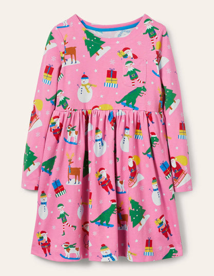 Fröhliches Jerseykleid mit langen Ärmeln-Blütenrosa, Festliche Freunde-1