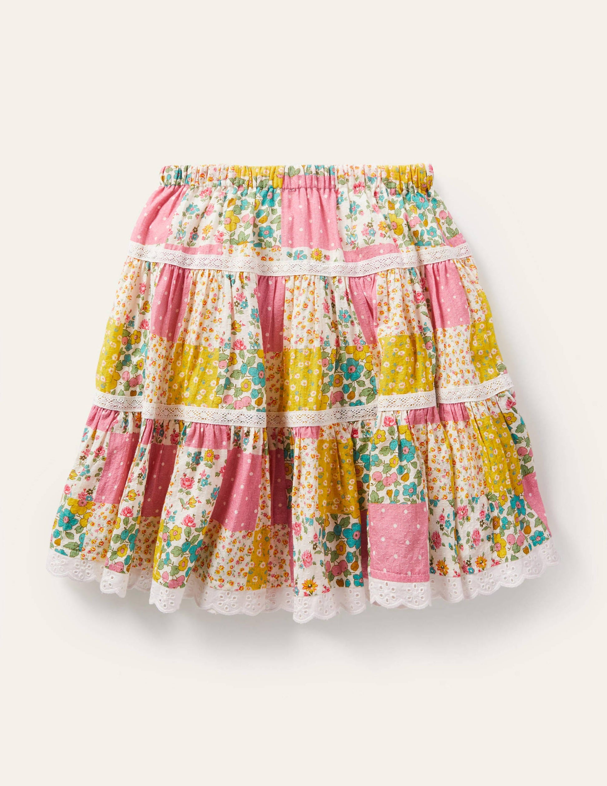 Midi-Stufenrock-Bunt, Patchwork-Blumenmuster-2