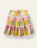 Midi-Stufenrock-Bunt, Patchwork-Blumenmuster