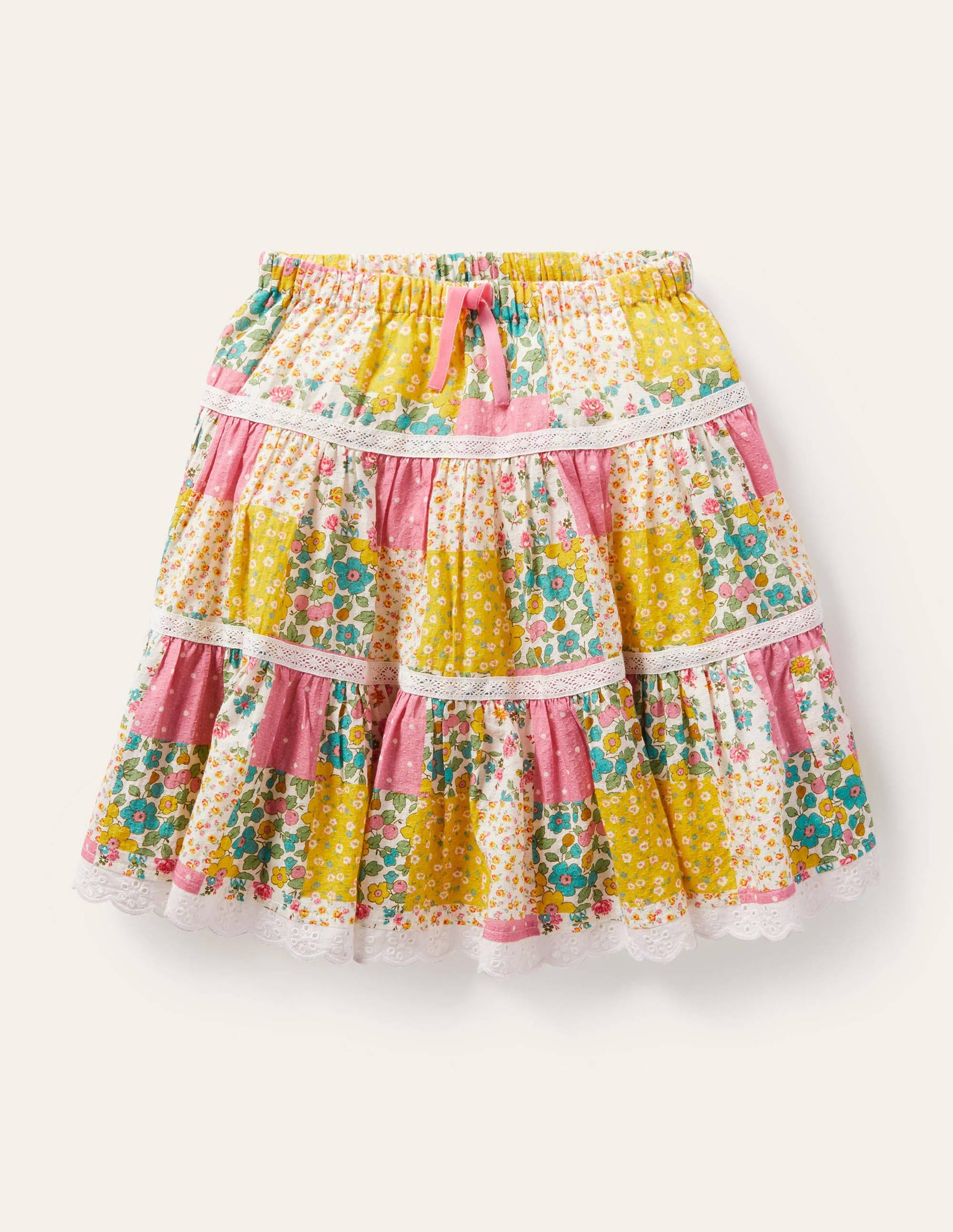 Midi-Stufenrock-Bunt, Patchwork-Blumenmuster-1