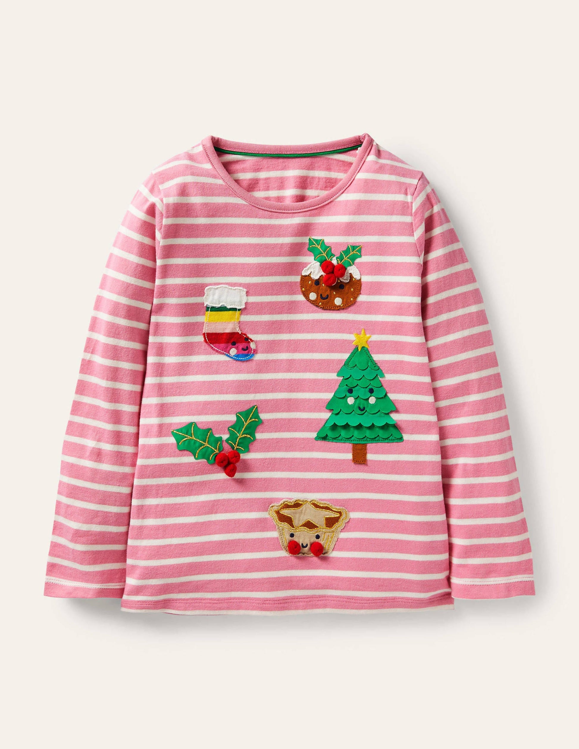 Bretonshirt mit 3D-Applikation-Blütenrosa/Naturweiß, Festliches Muster-1