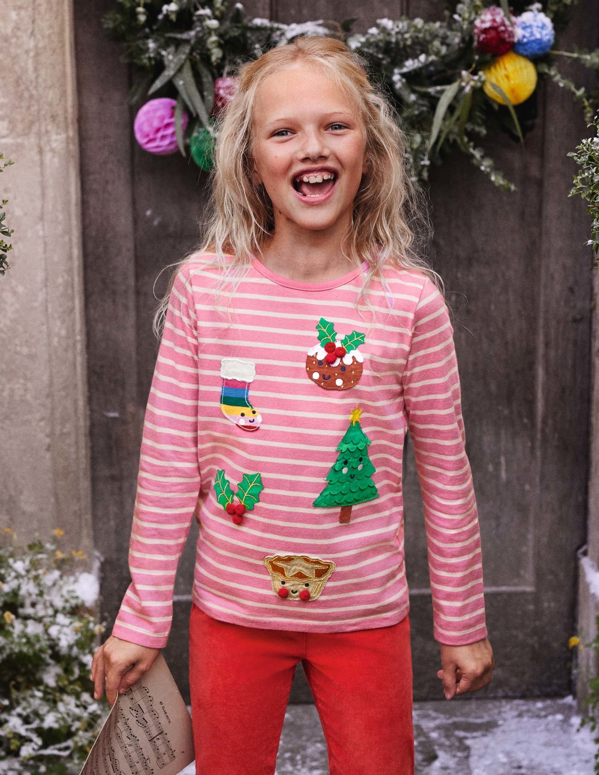 Bretonshirt mit 3D-Applikation-Blütenrosa/Naturweiß, Festliches Muster-4