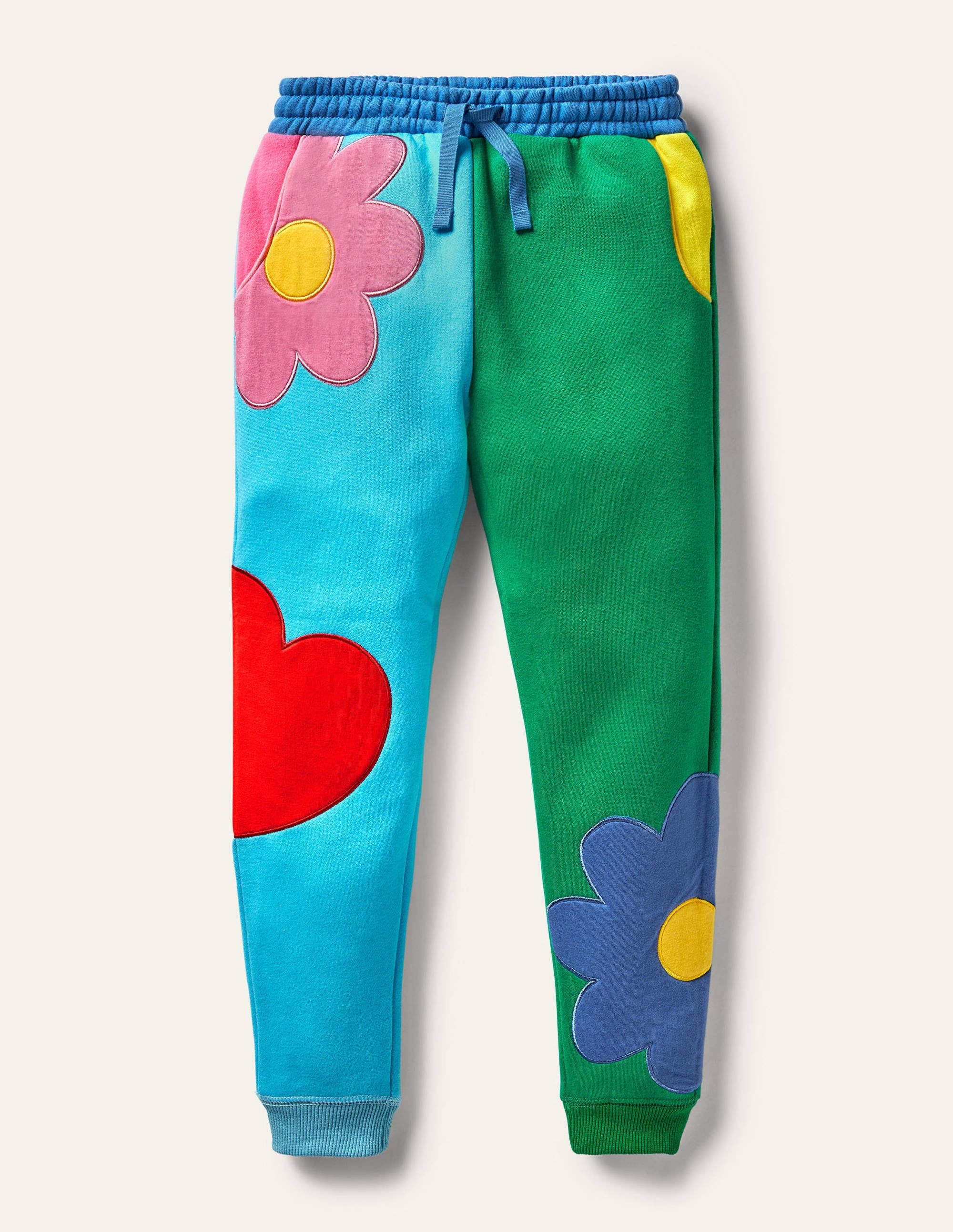 Jogginghose mit Blockfarben und Applikation-Wasserblau/Paprikagrün, Blumen - Image 1