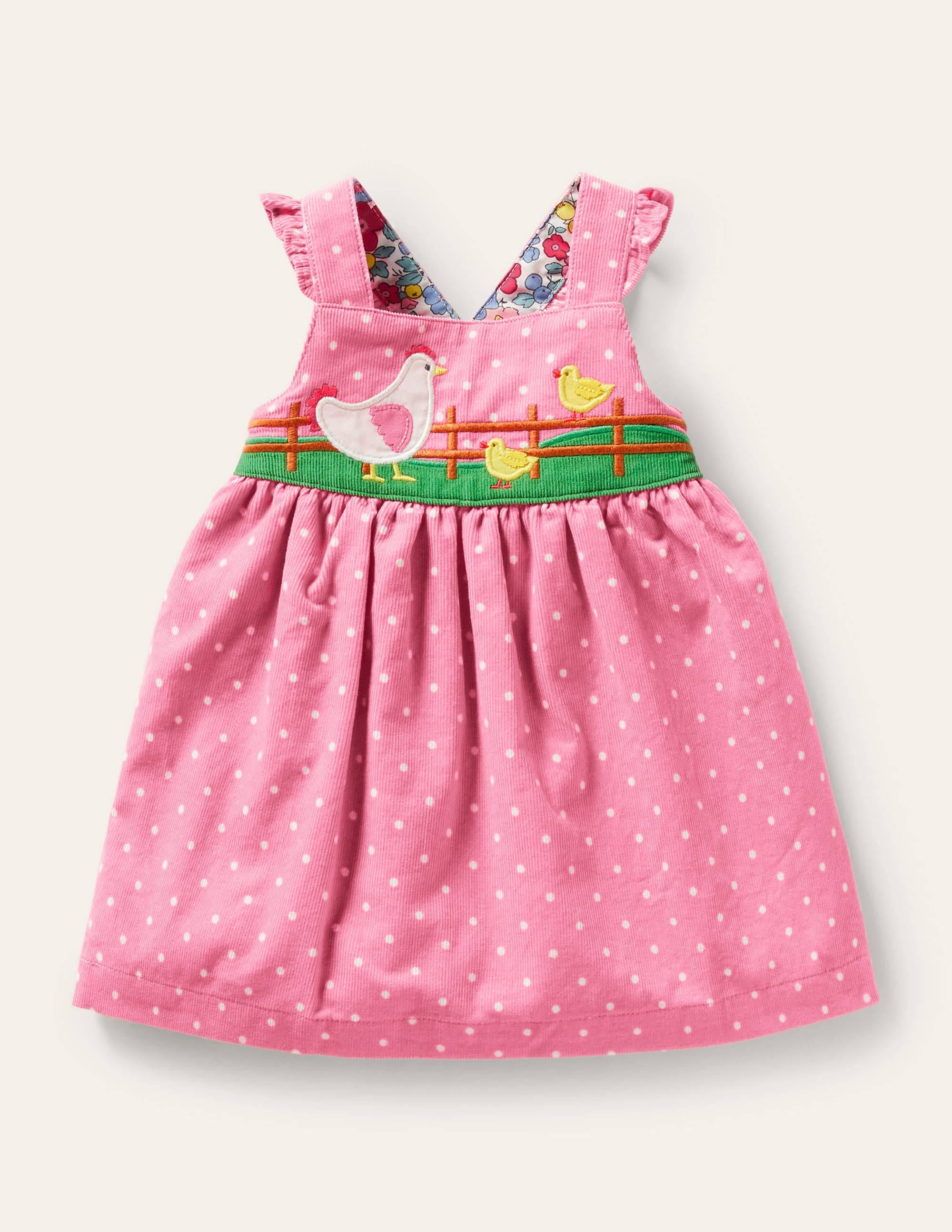 Spotty Appliqué Cord Pinnie-Formica Pink Chickens - Image 1