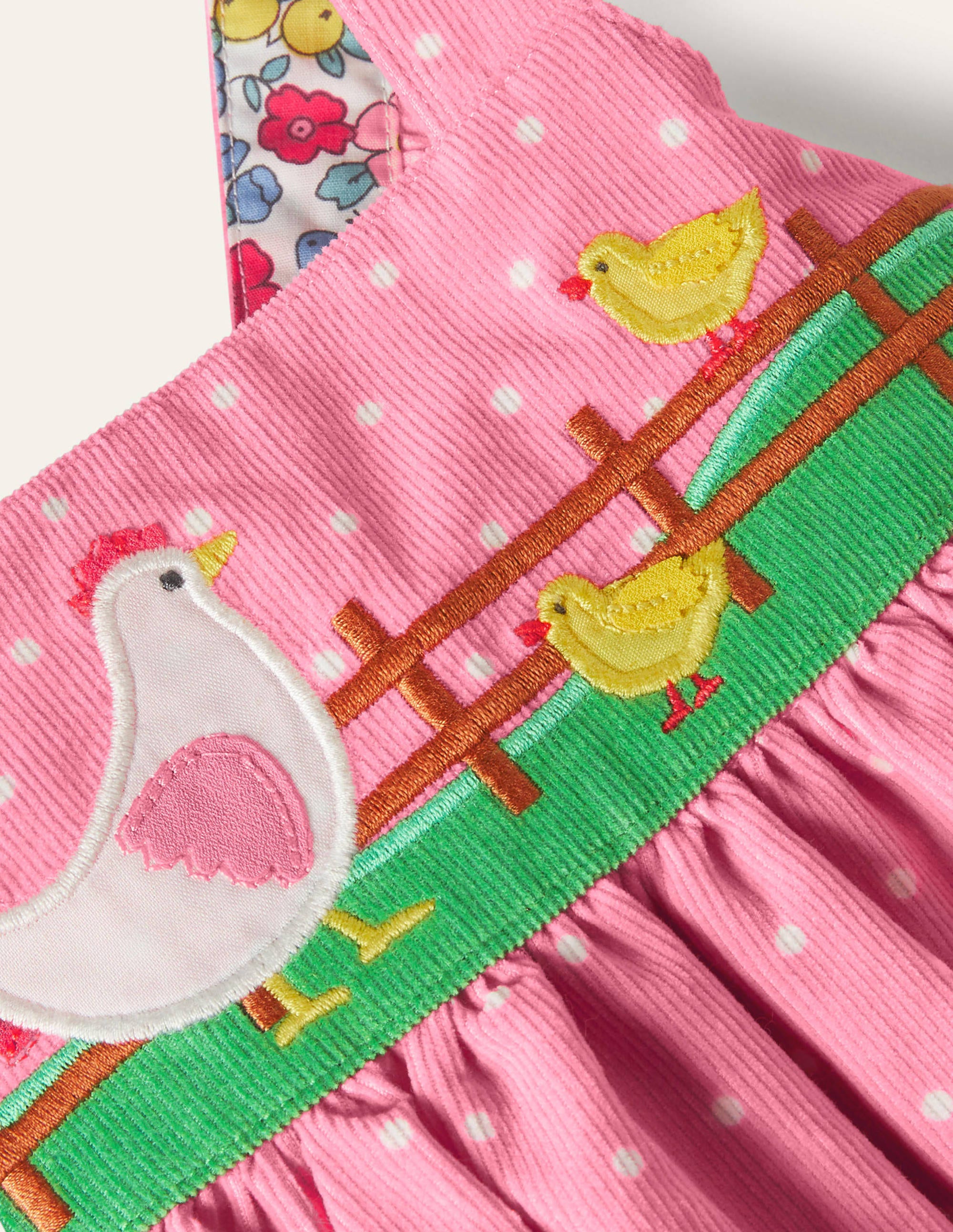 Spotty Appliqué Cord Pinnie-Formica Pink Chickens - Image 3