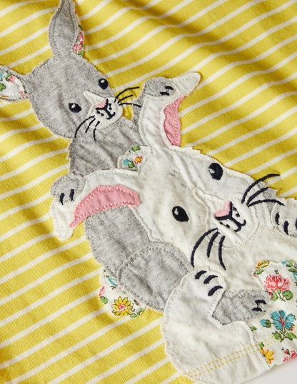 Robe à grand appliqué-Lapins jaune maïs/ivoire