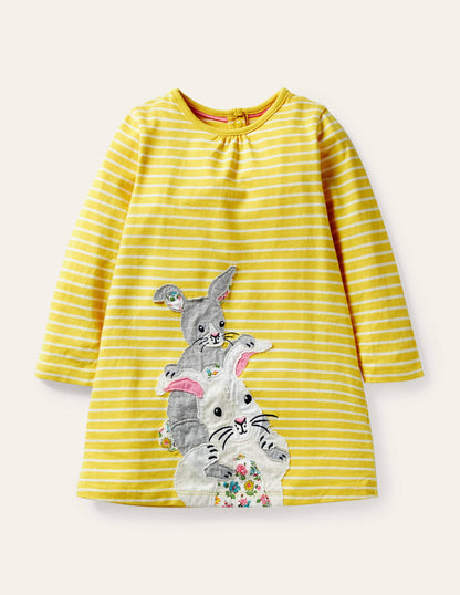 Robe à grand appliqué-Lapins jaune maïs/ivoire