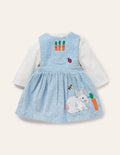 Ensemble avec robe chasuble en velours côtelé à motif lapin-Lapins bleu ciel