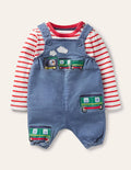 Ensemble avec salopette fun-Trains denim chambray
