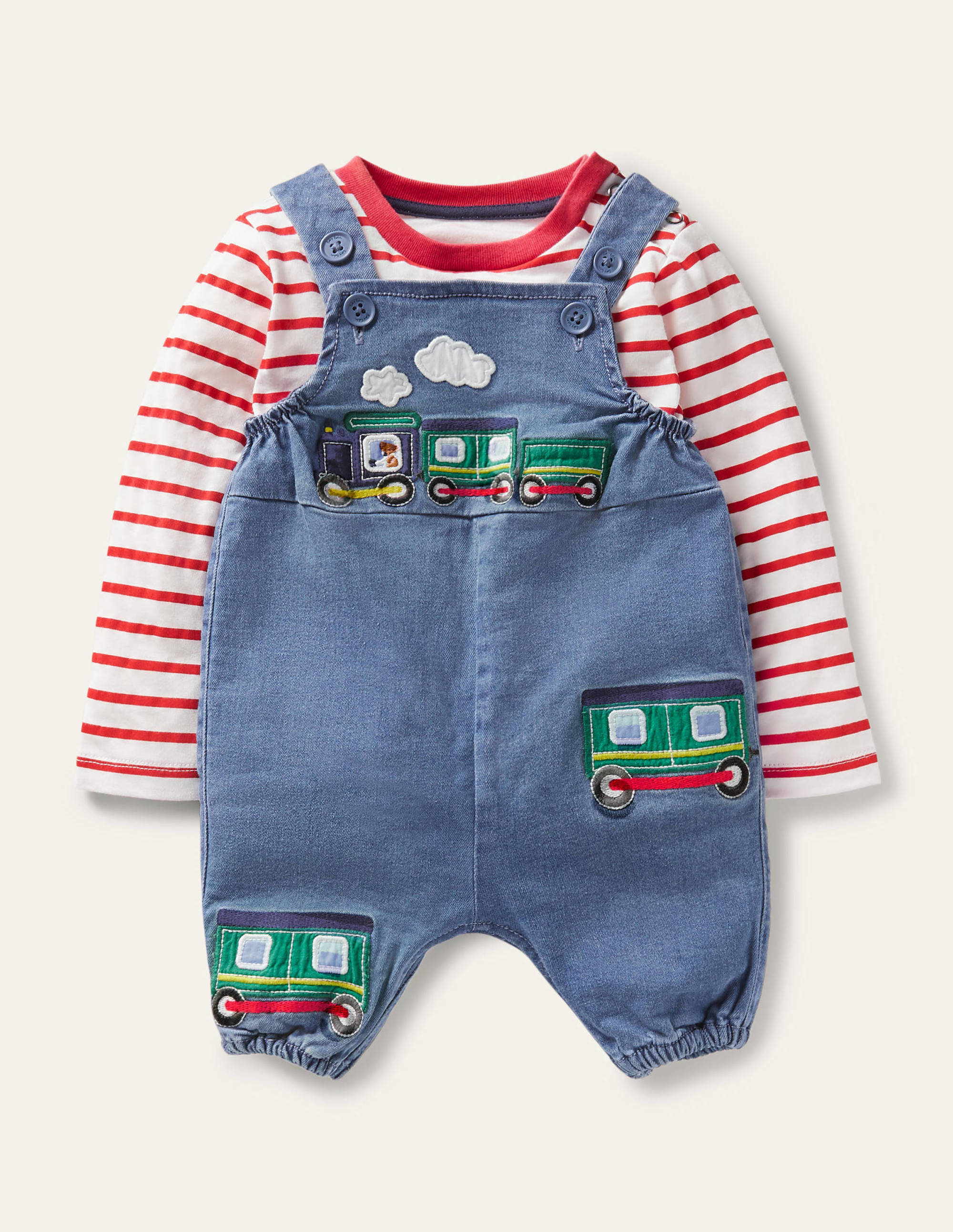 Ensemble avec salopette fun-Trains denim chambray - Image 1