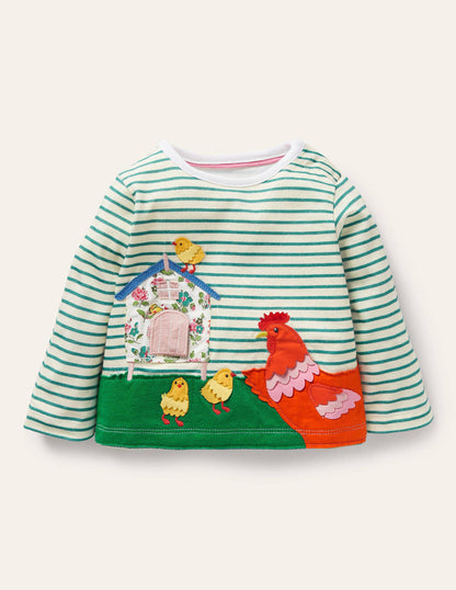 T-shirt rayé avec rabat à soulever-Poules ivoire/bleu ruisseau-2