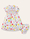 Robe rétro tissée à smocks-Glaces bleu Provence