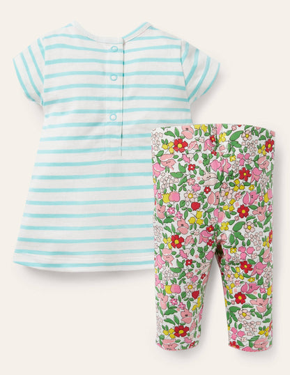 Appliqué Dress & Leggings Set-Ivory/Aqua Blue Truck