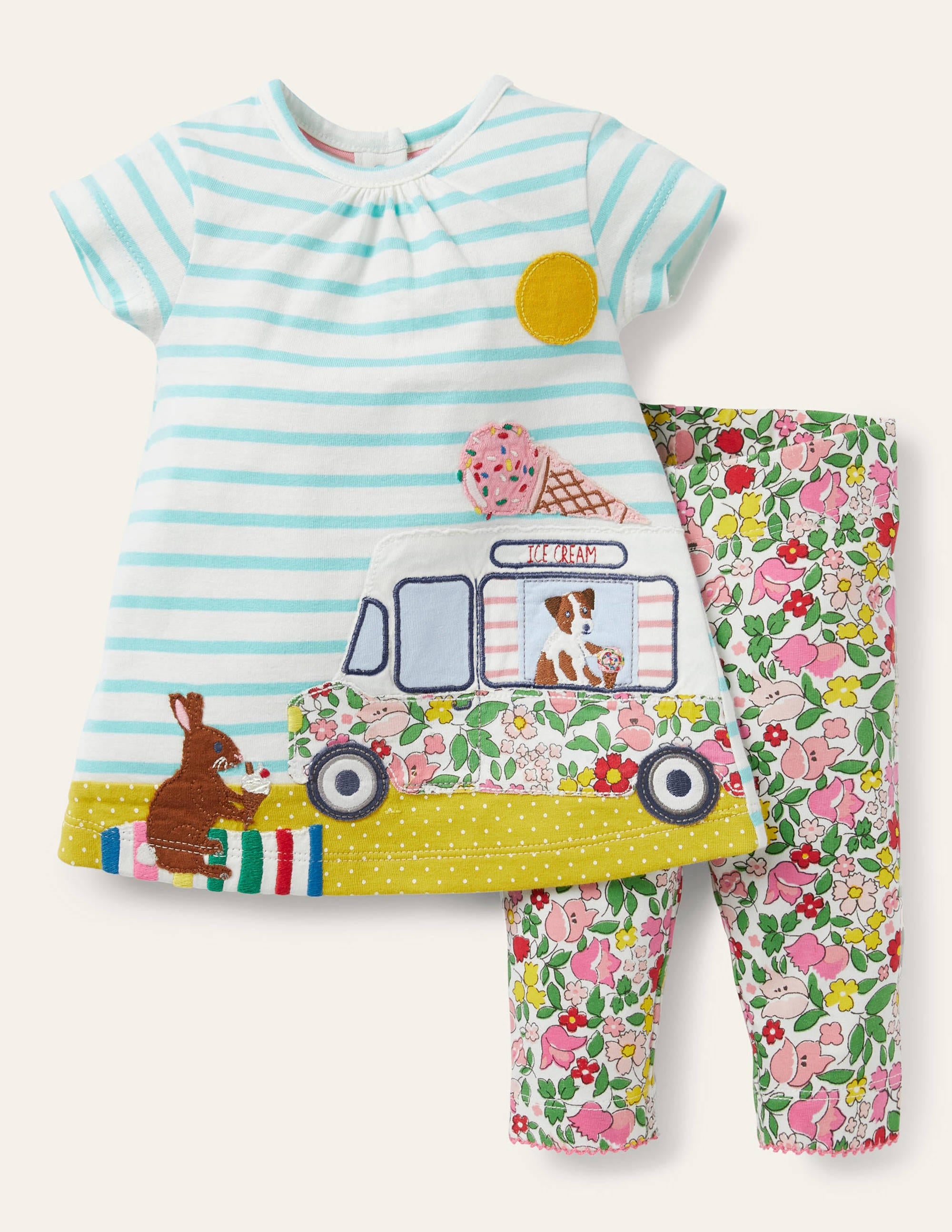 Ensemble avec robe à appliqué et legging-Camion ivoire/bleu aquatique - Image 1