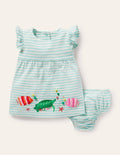 Gestreiftes Jersey-Kleid mit Applikationen-Naturweiß/Türkis, Fisch