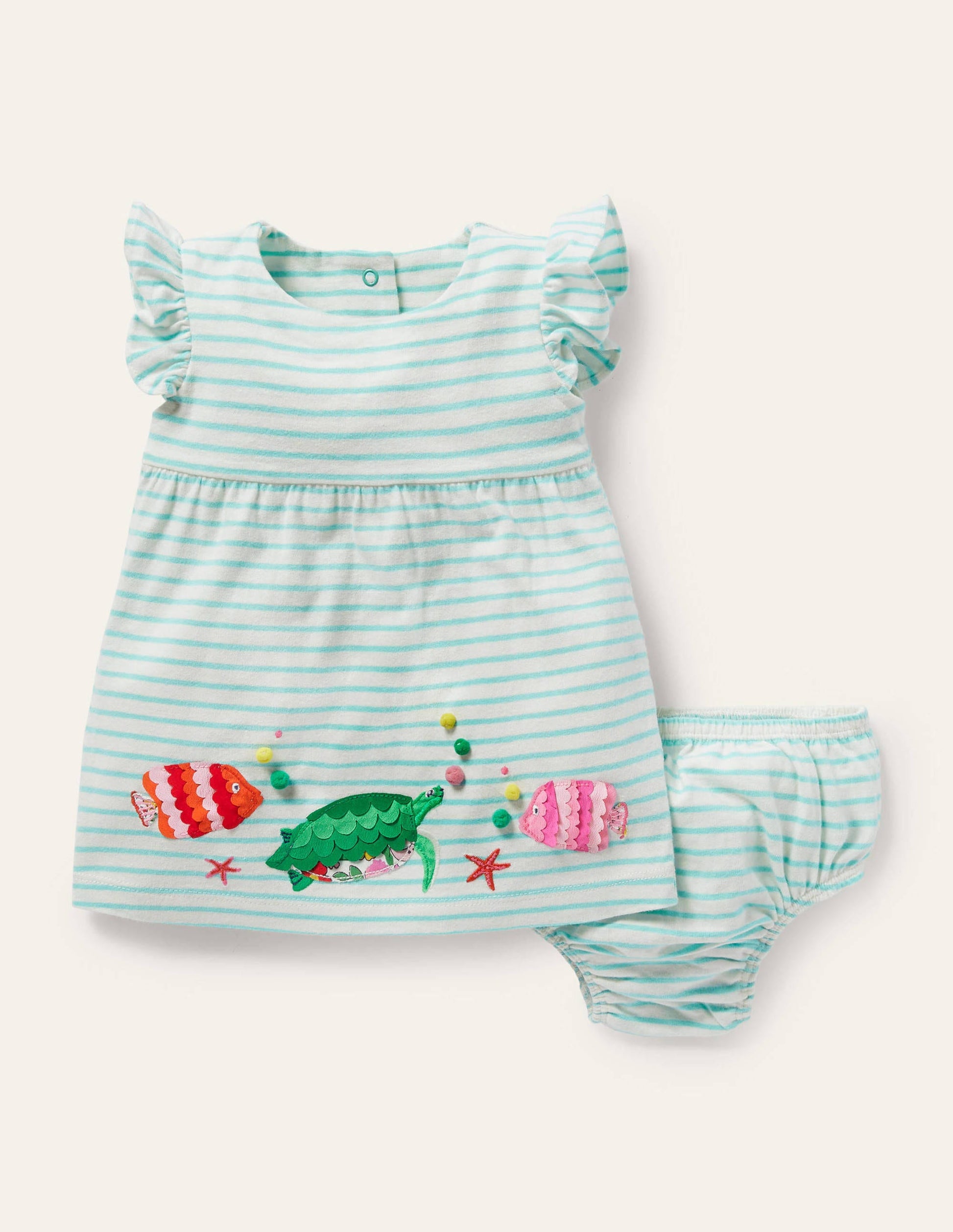 Gestreiftes Jersey-Kleid mit Applikationen-Naturweiß/Türkis, Fisch-1