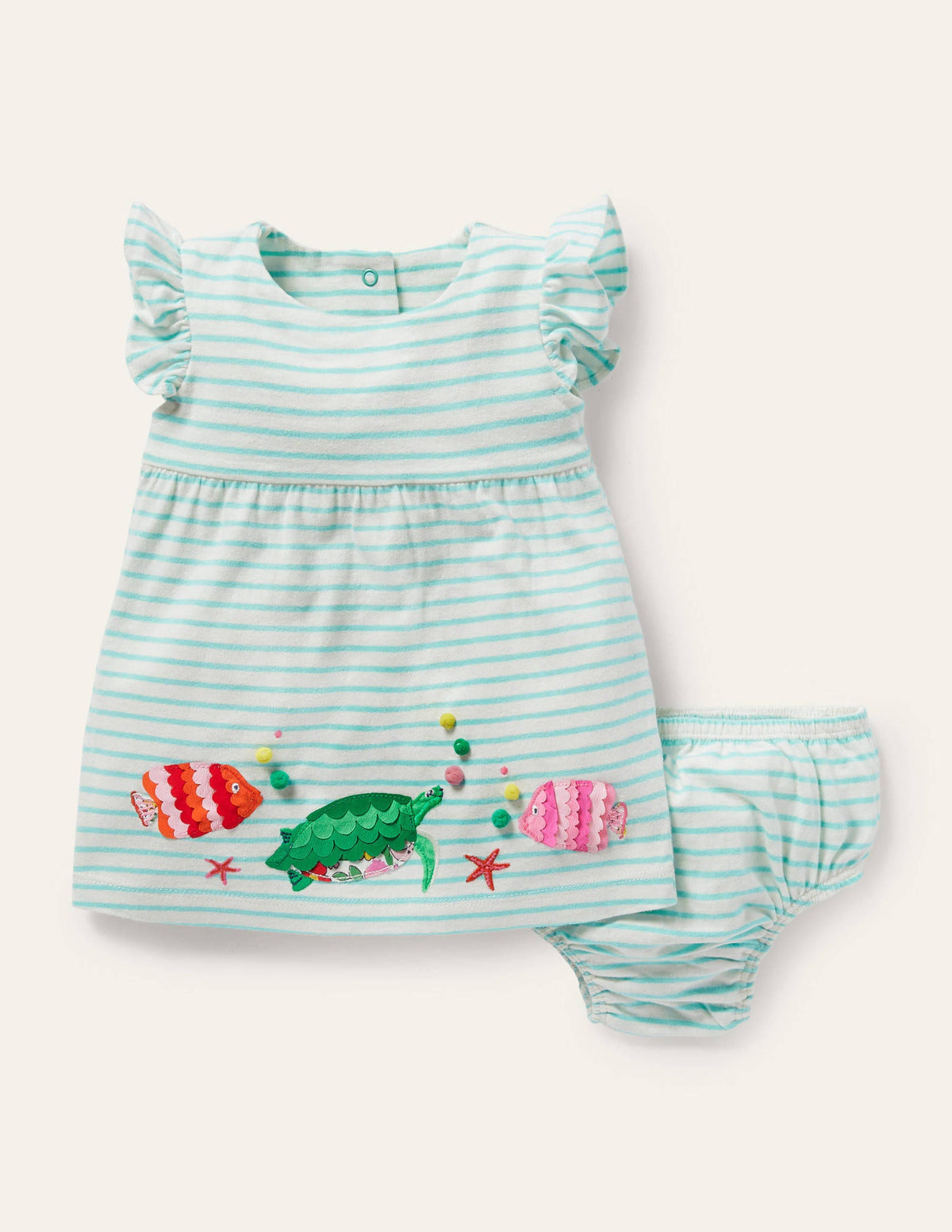 Gestreiftes Jersey-Kleid mit Applikationen-Naturweiß/Türkis, Fisch - Image 1