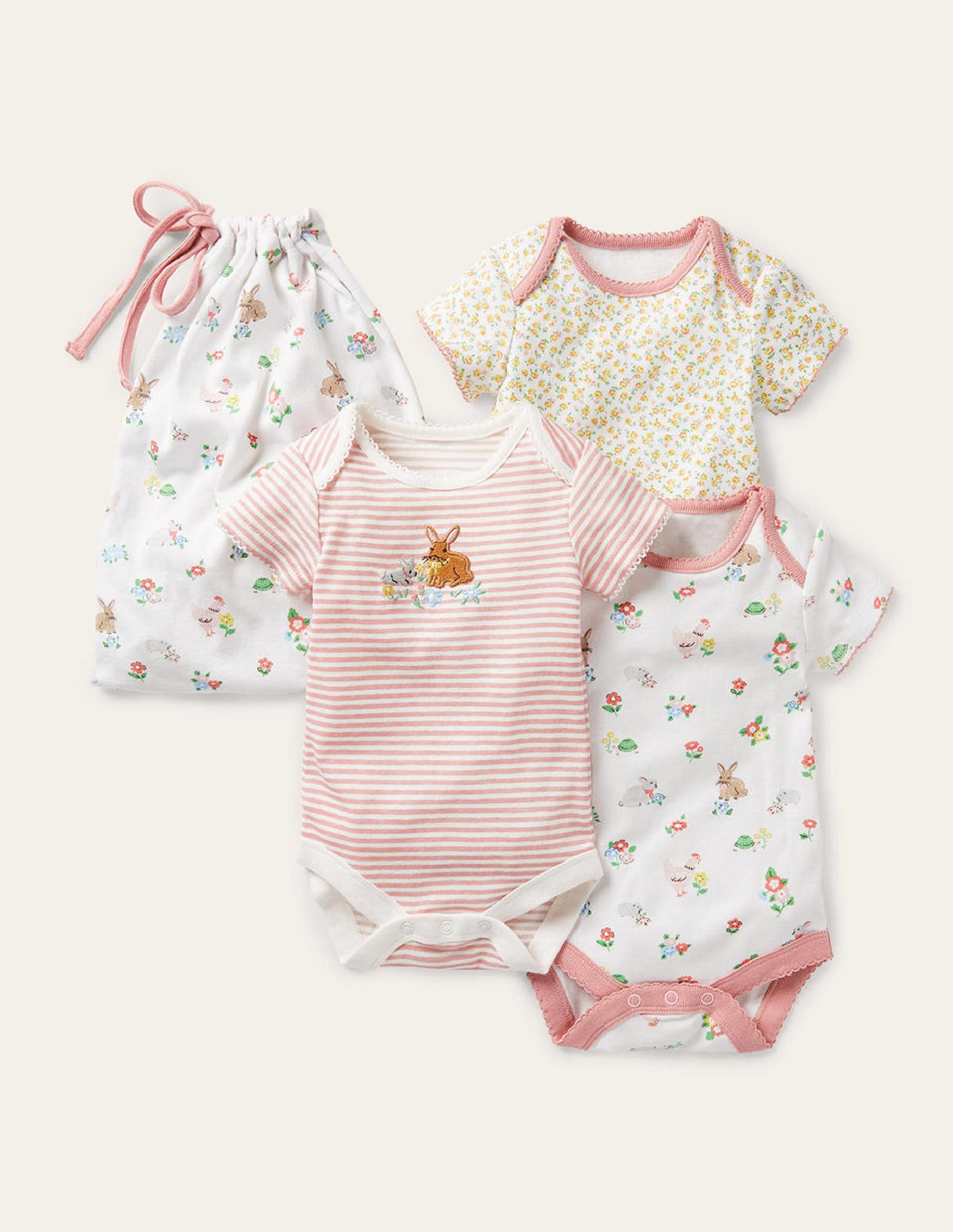 Bodys aus Biobaumwolle im 3er-Pack-Naturweiß, Blumen/Haustiere-1