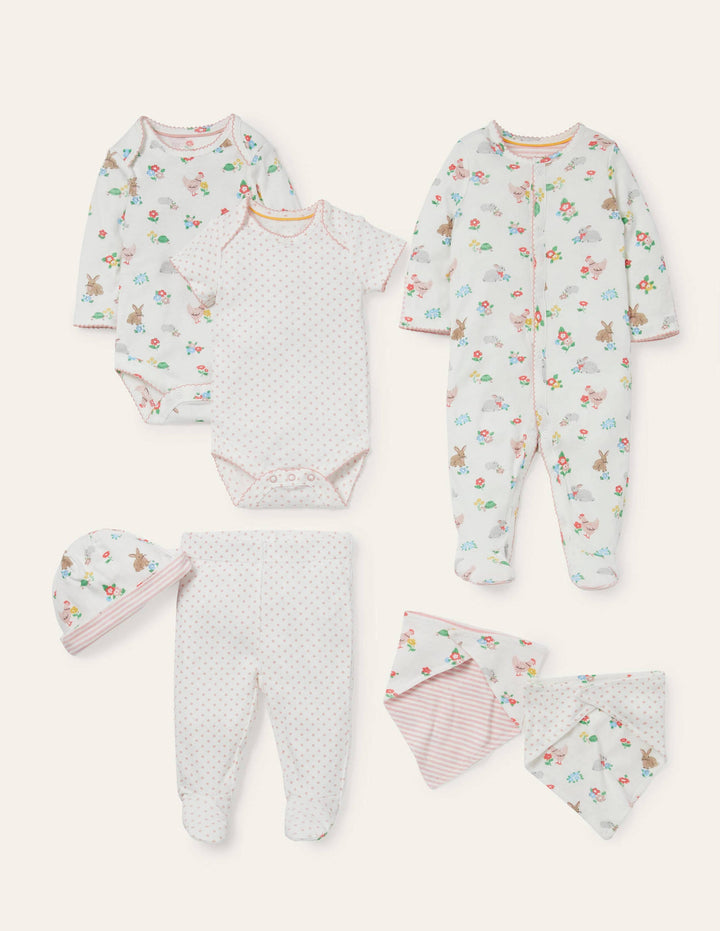 7-teiliges Tiere-Geschenkset aus Biobaumwolle-Naturweiß, Blumen/Haustiere