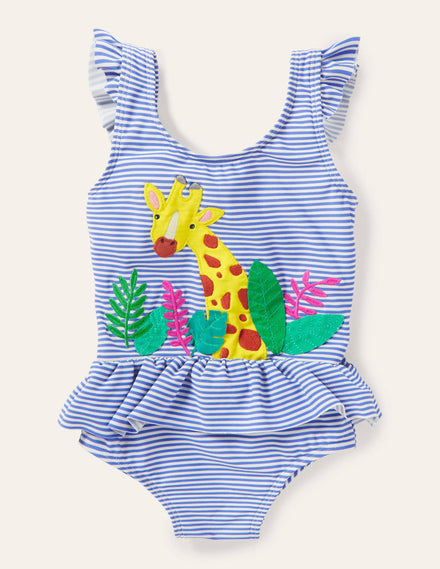 Badeanzug mit gerüschter Taille-Golfblau/Naturweiß, Giraffe