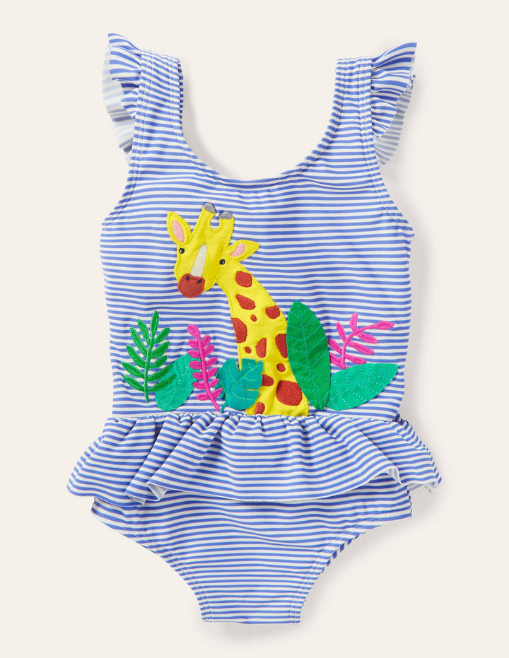 Frill Waist Swimsuit-Gulf Blue/Ivory Giraffe