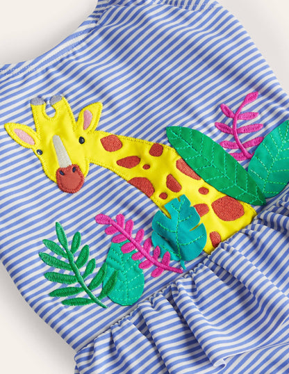 Badeanzug mit gerüschter Taille-Golfblau/Naturweiß, Giraffe-4