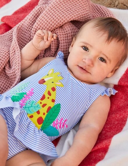 Badeanzug mit gerüschter Taille-Golfblau/Naturweiß, Giraffe