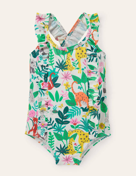 Frilly Cross-back Swimsuit-Multi Jungle Friends