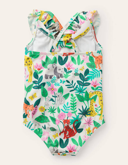 Frilly Cross-back Swimsuit-Multi Jungle Friends