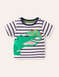 T-Shirt mit Tierapplikationen-Naturweiß/Segelblau, Krokodil