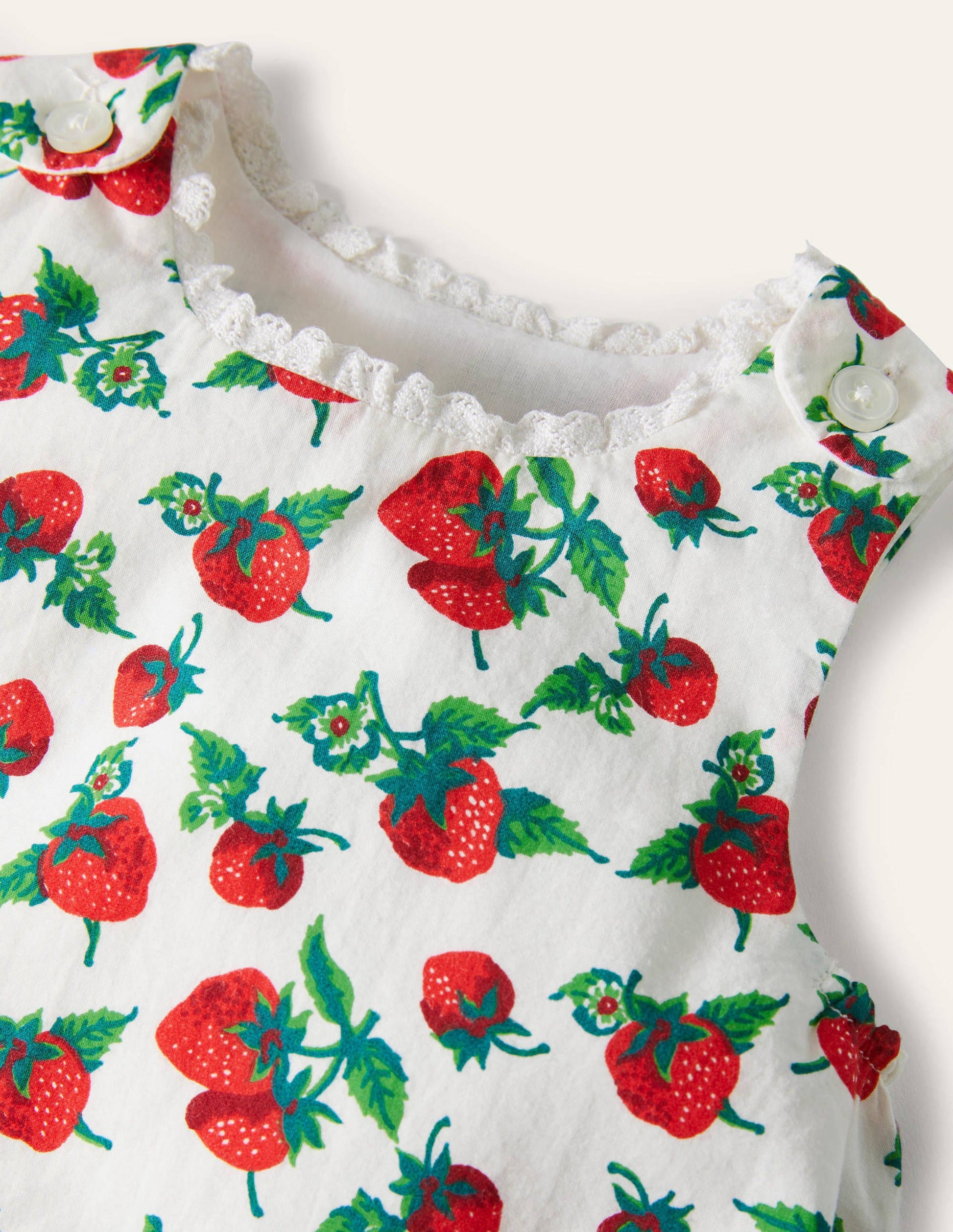 Gewebter Einteiler mit Rüschen-Naturweiß, Vintage-Erdbeeren-3