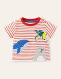 T-shirt rayé motif animaux curieux-Motif sous-marin ivoire/rouge