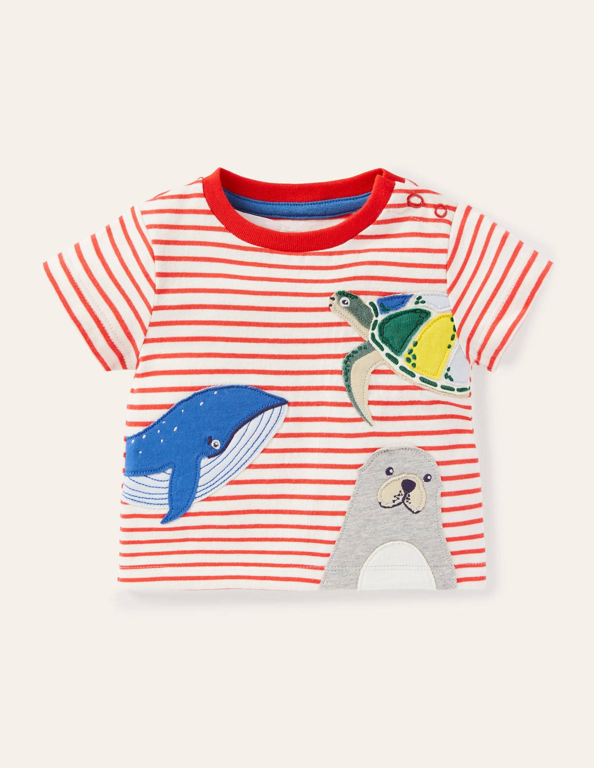 T-shirt rayé motif animaux curieux-Motif sous-marin ivoire/rouge - Image 1