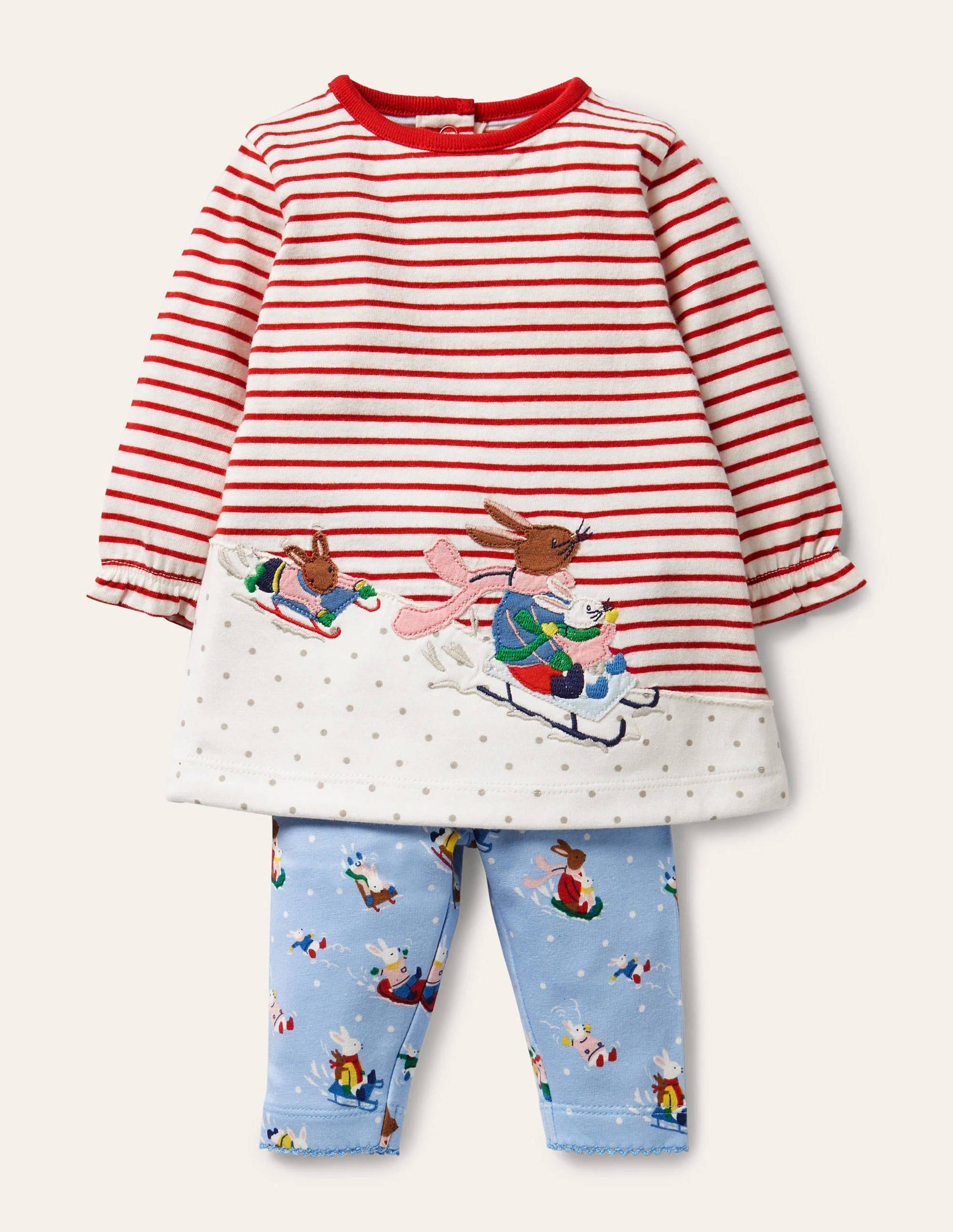 Kleid-Set mit großer Applikation-Himmelblau, Schneehäschen-1