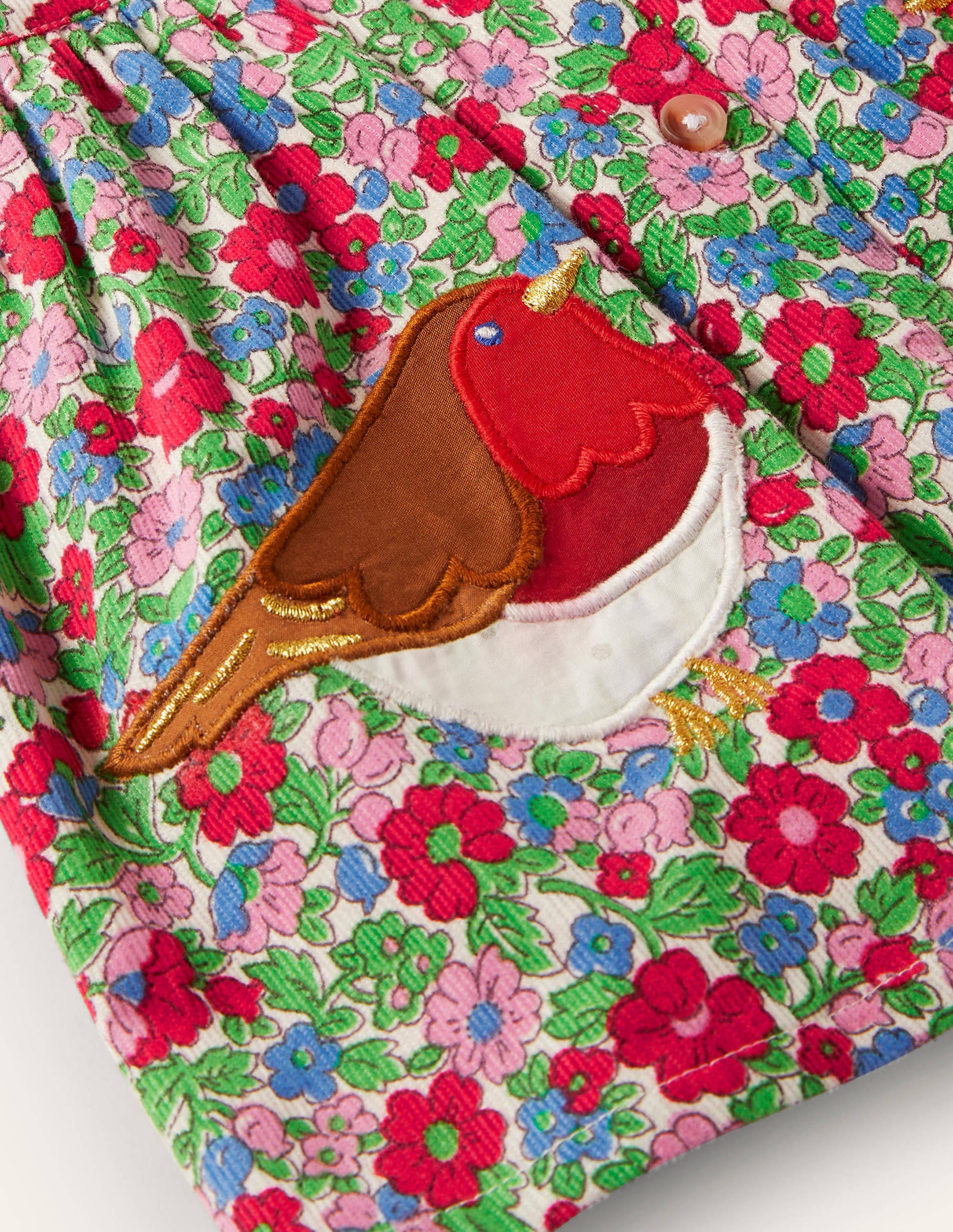 Robe-chemise à manches longues en velours côtelé-Motif rouge-gorge Vintage Bloom ivoire - Image 3