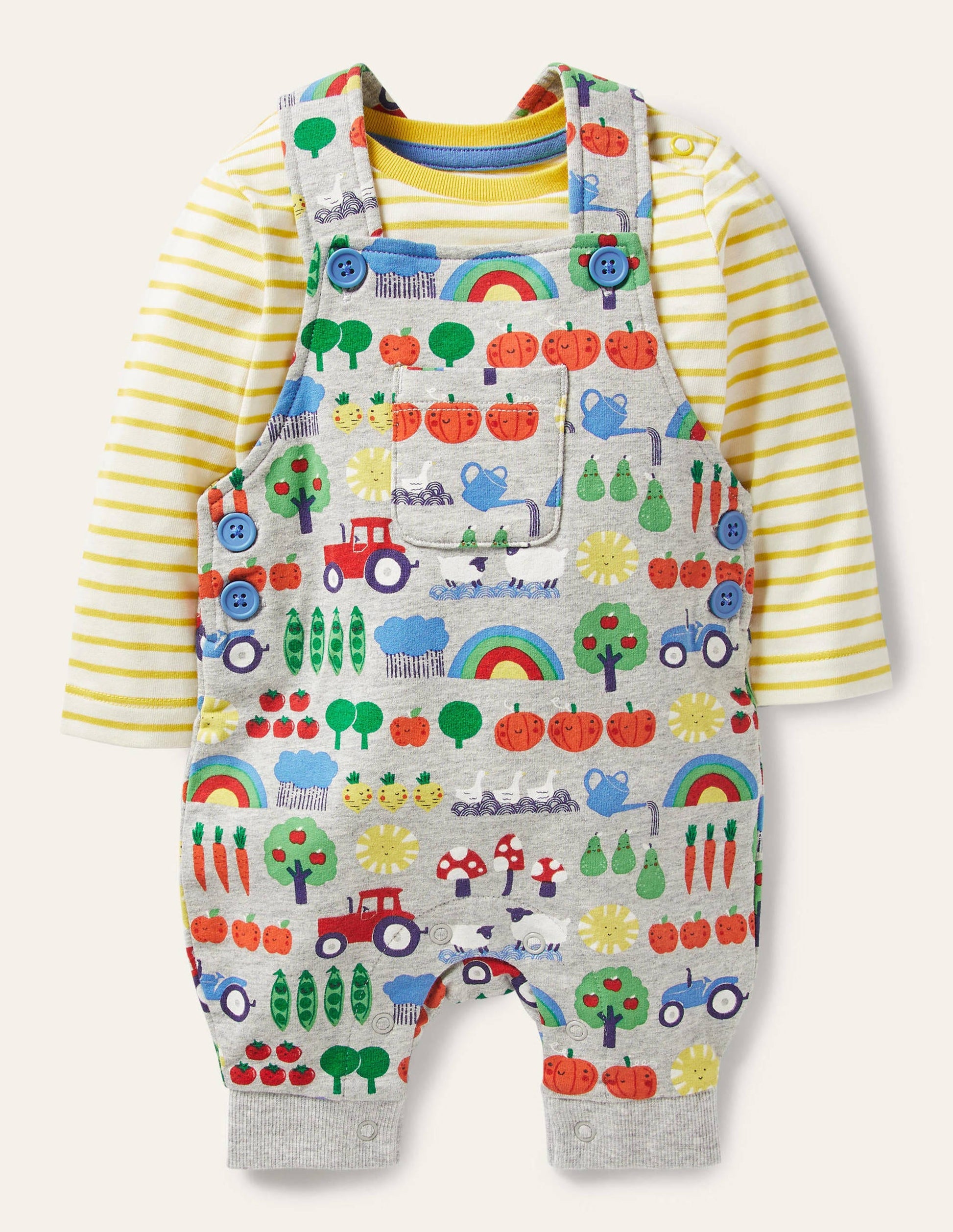 Ensemble imprimé en jersey avec salopette-Motif Garden Gang gris chiné-1