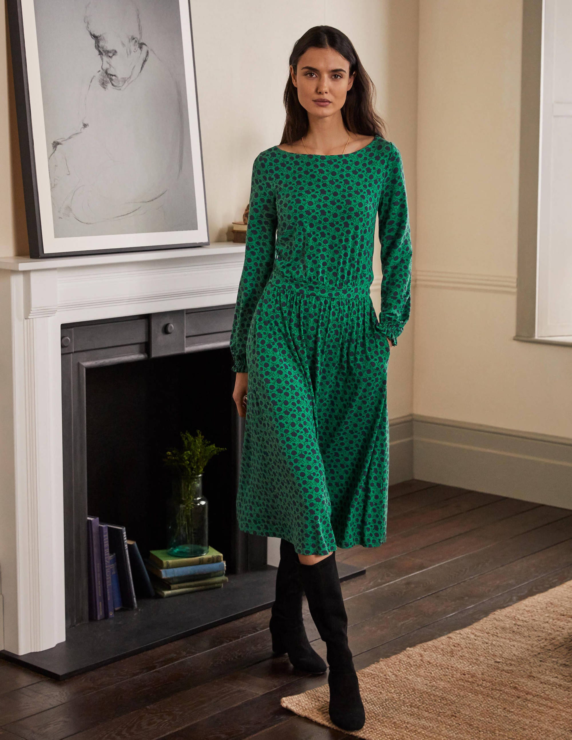 Robe midi Evelyn en jersey-Vert printemps, motif Leafy Bud - Image 4