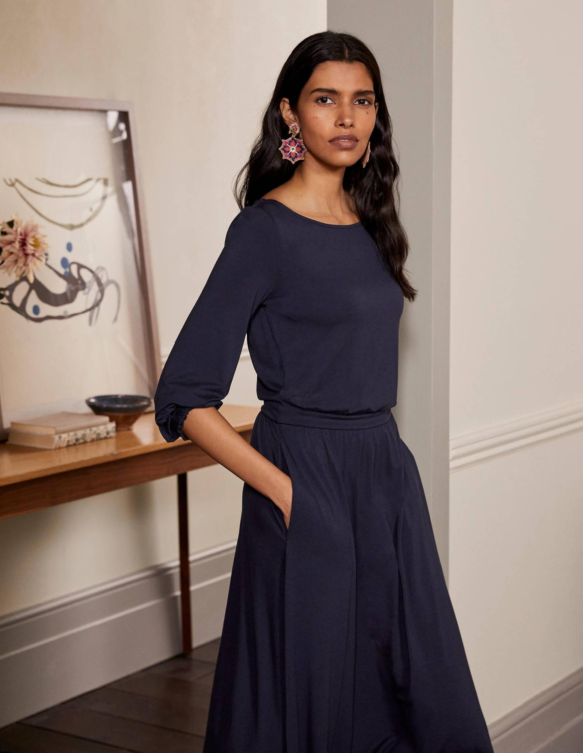Robe midi Evelyn en jersey-Bleu marine-4