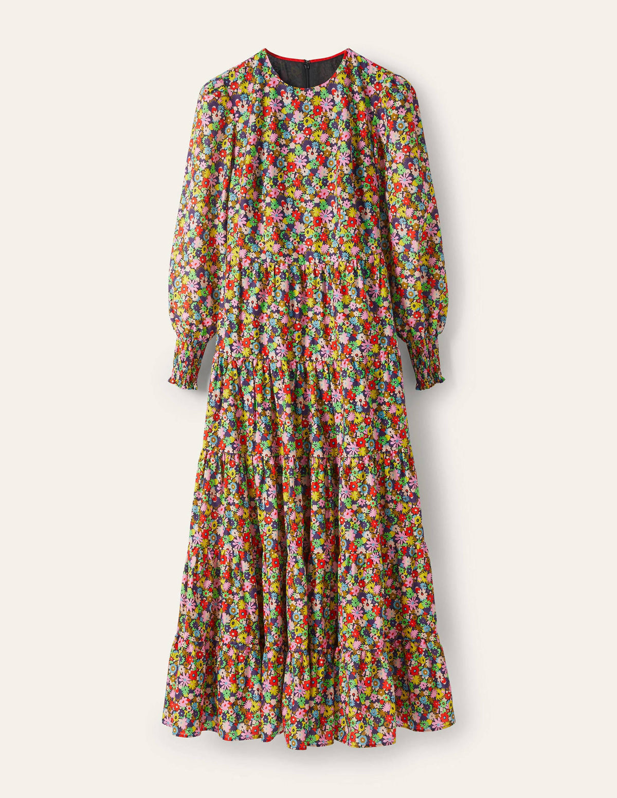 Maxikleid mit Stufen-Kirschrot, Bunte Gänseblümchen-6