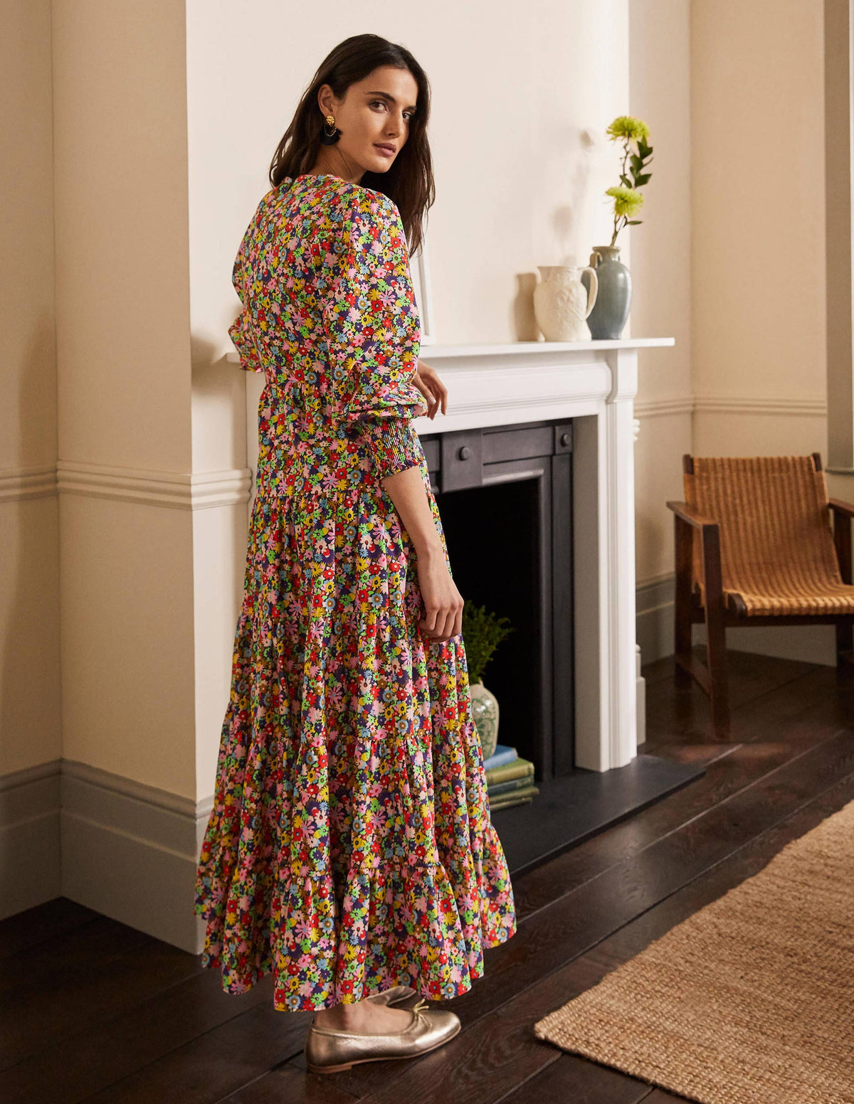 Maxikleid mit Stufen-Kirschrot, Bunte Gänseblümchen - Image 3