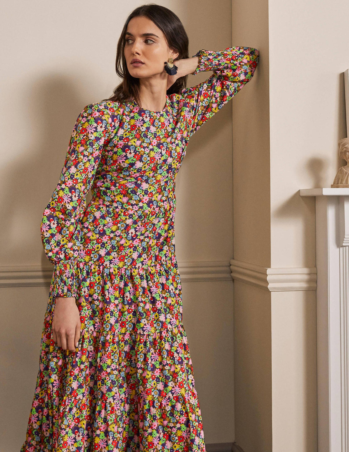 Maxikleid mit Stufen-Kirschrot, Bunte Gänseblümchen-4