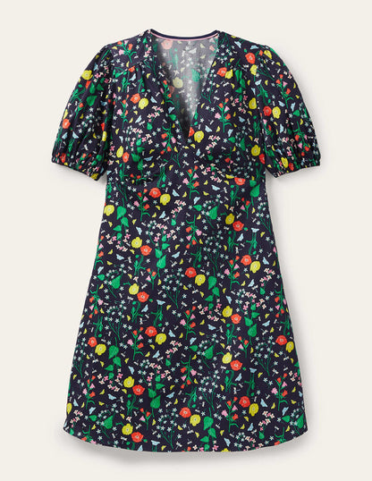 Puff Sleeve Cotton Tea Dress-French Navy, Butterfly Garden-5