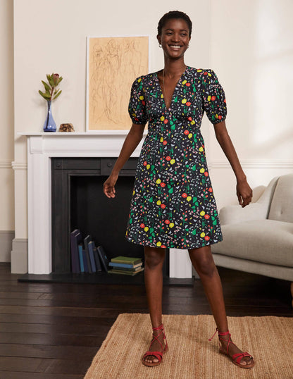Puff Sleeve Cotton Tea Dress-French Navy, Butterfly Garden-1
