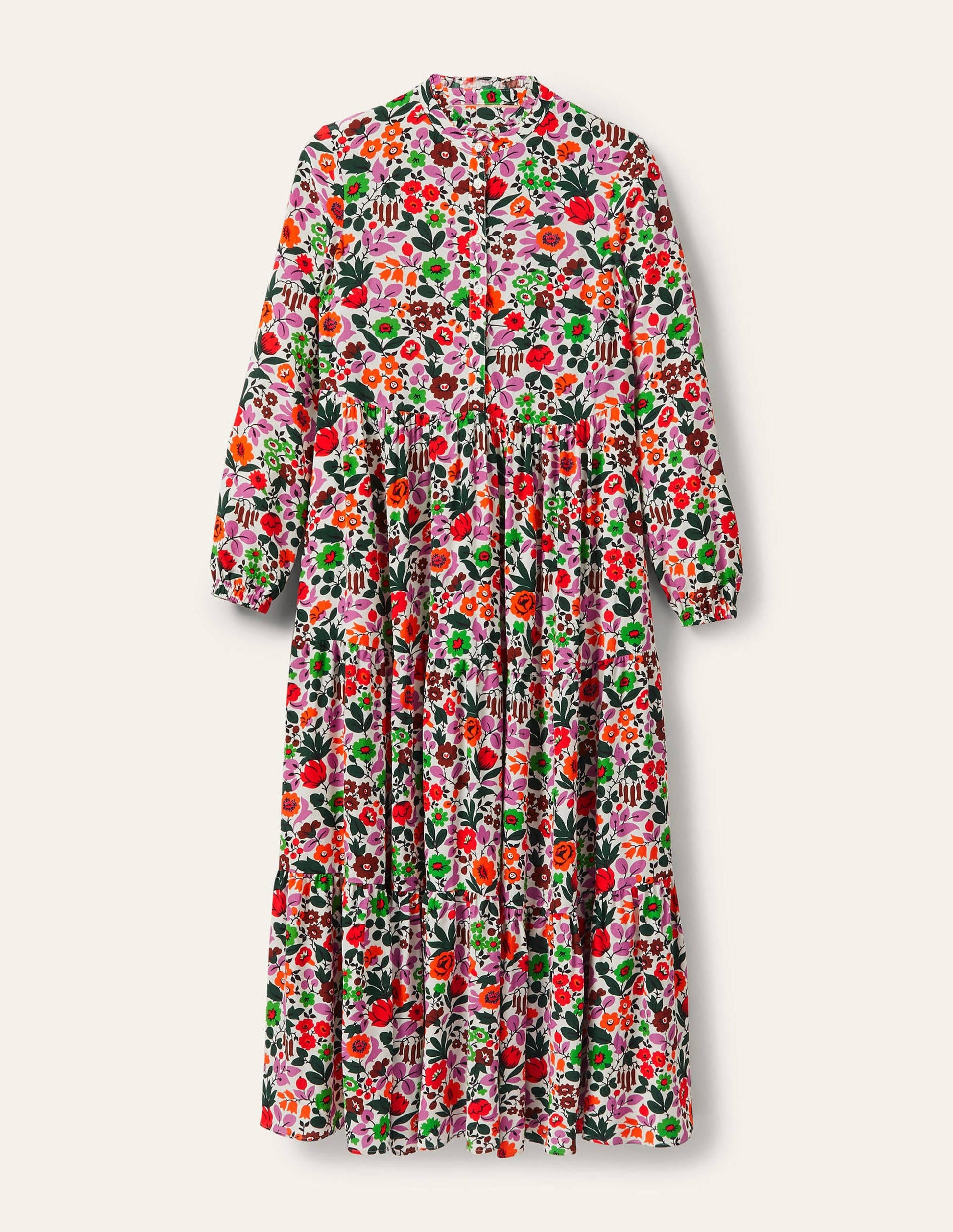 Robe-chemise longue à volants-Ivoire, forêt florale-5