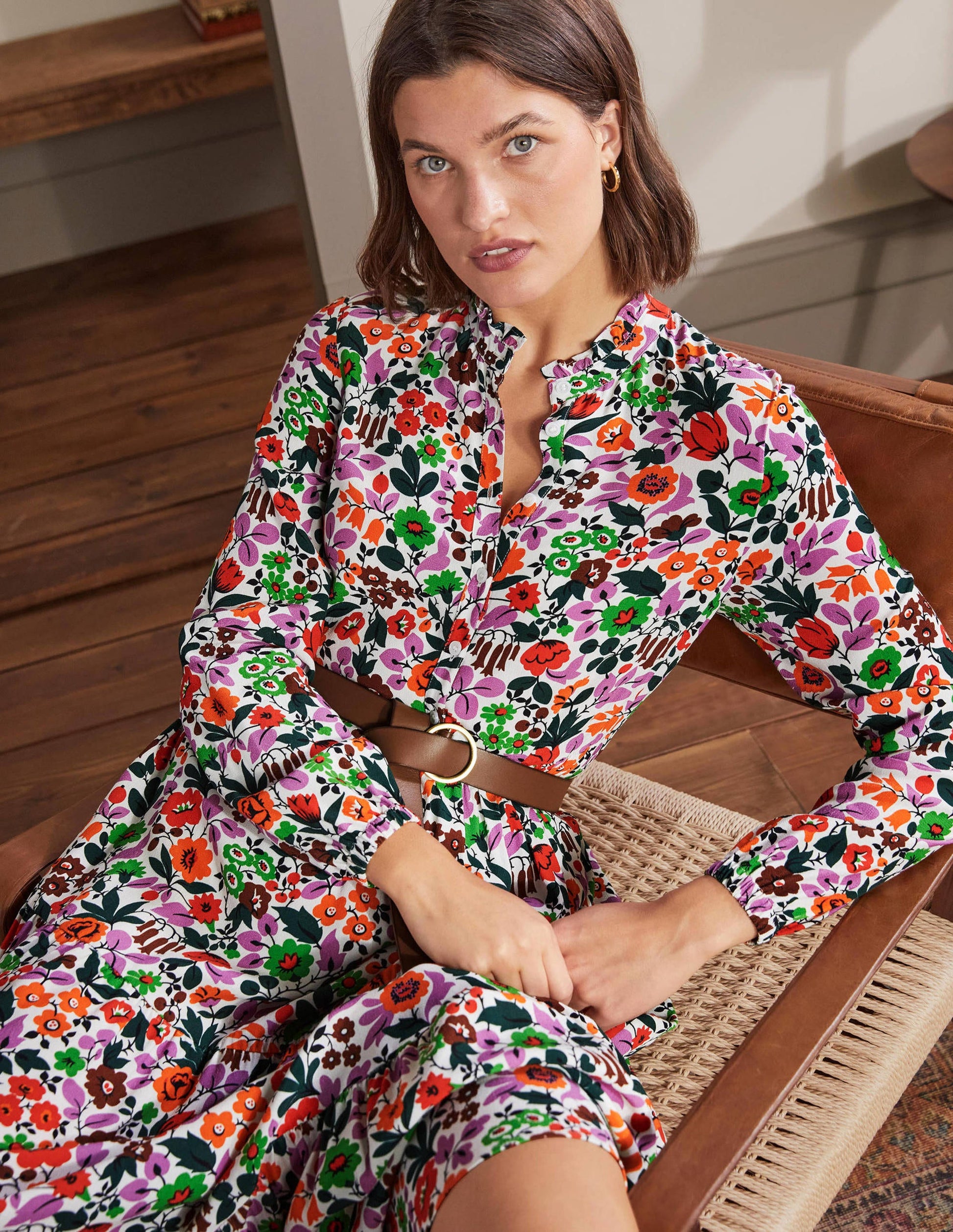 Robe-chemise longue à volants-Ivoire, forêt florale-1