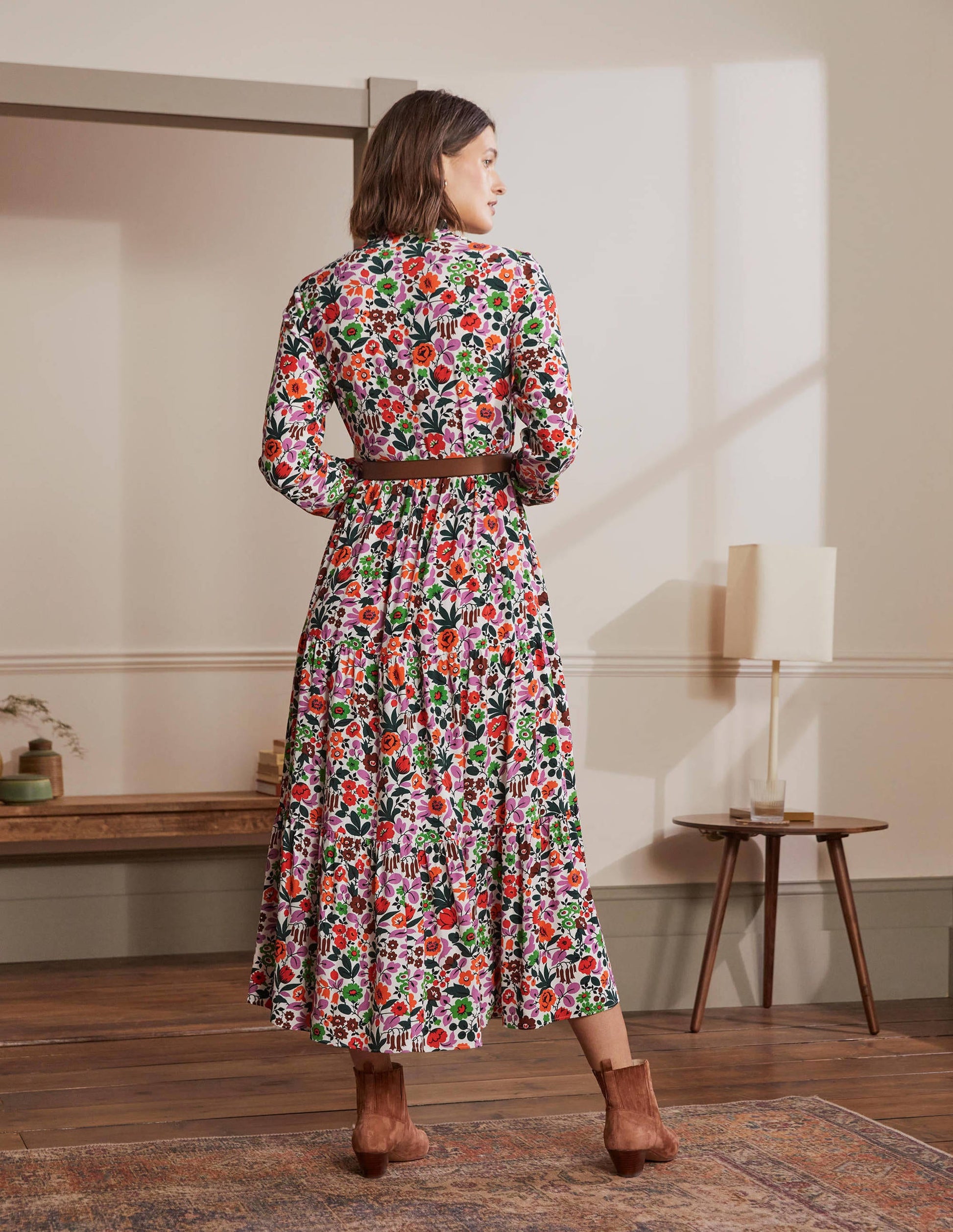 Robe-chemise longue à volants-Ivoire, forêt florale-3