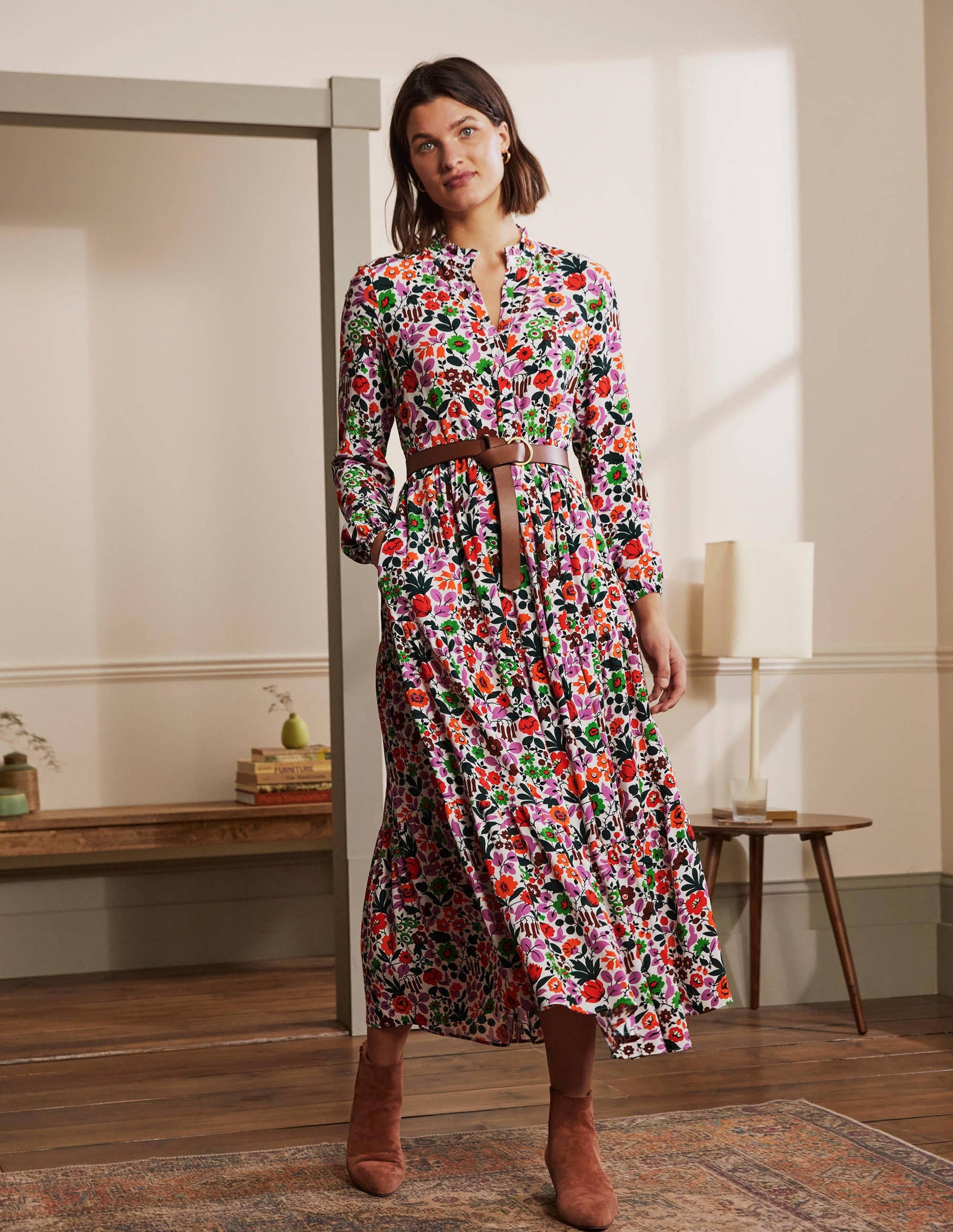 Robe-chemise longue à volants-Ivoire, forêt florale-4
