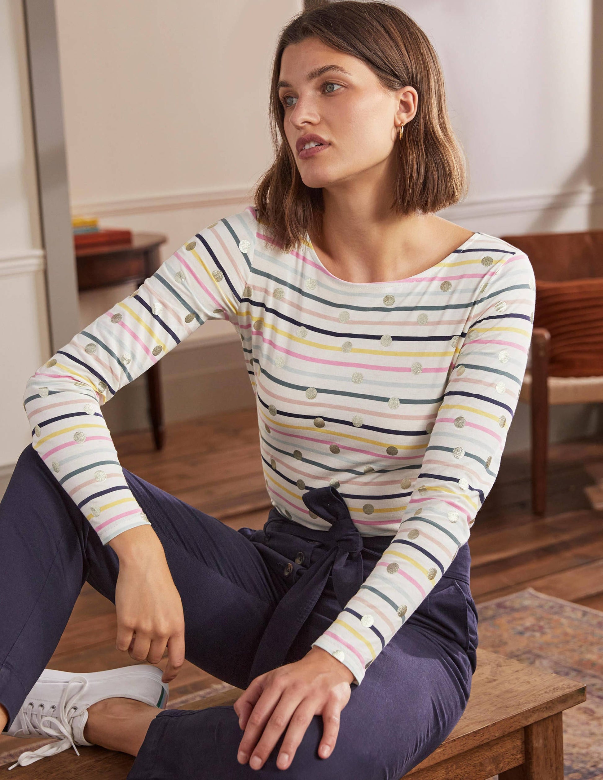 Langärmliges Bretonshirt-Bunt, Pastellstreifen/Gold, Getupft-1