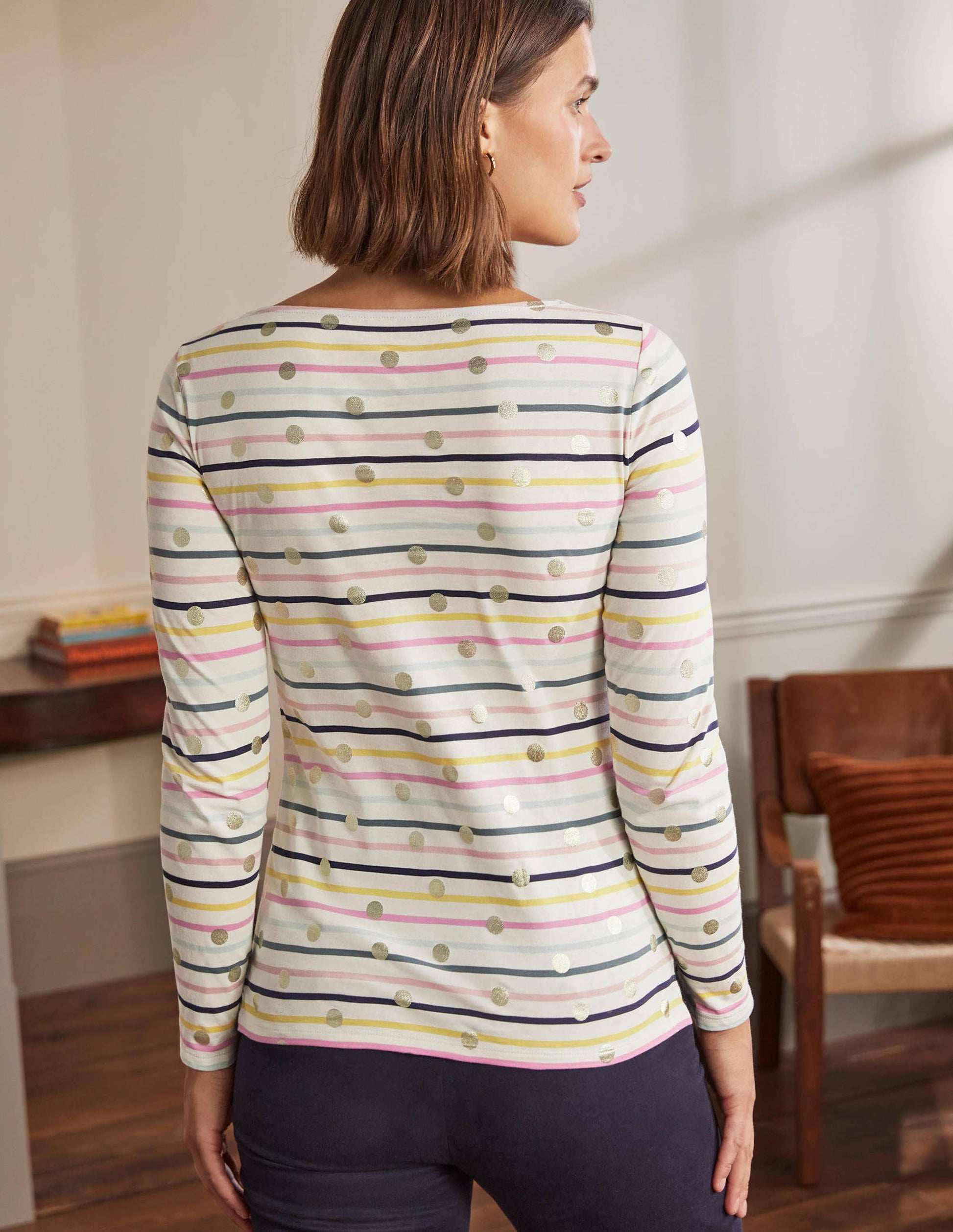Langärmliges Bretonshirt-Bunt, Pastellstreifen/Gold, Getupft-3